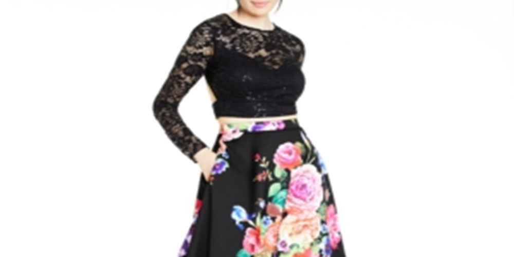 Vestido feminino B. Darlin com renda floral, manga longa, gola redonda, comprimento total, corte formal, preto, tamanho 15-16