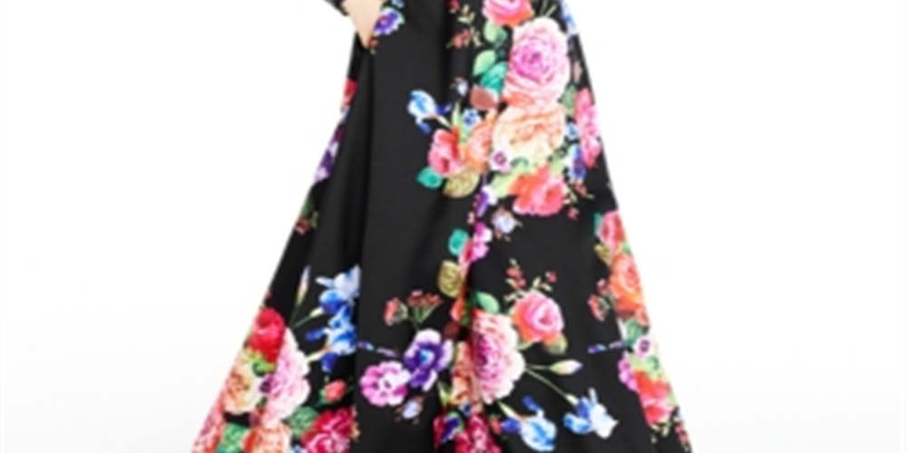 Vestido feminino B. Darlin com renda floral, manga longa, gola redonda, comprimento total, corte formal, preto, tamanho 15-16