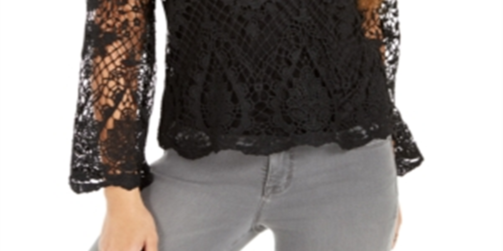 Blusa feminina de renda com manga sino Style &amp; Co, preta, tamanho pequeno
