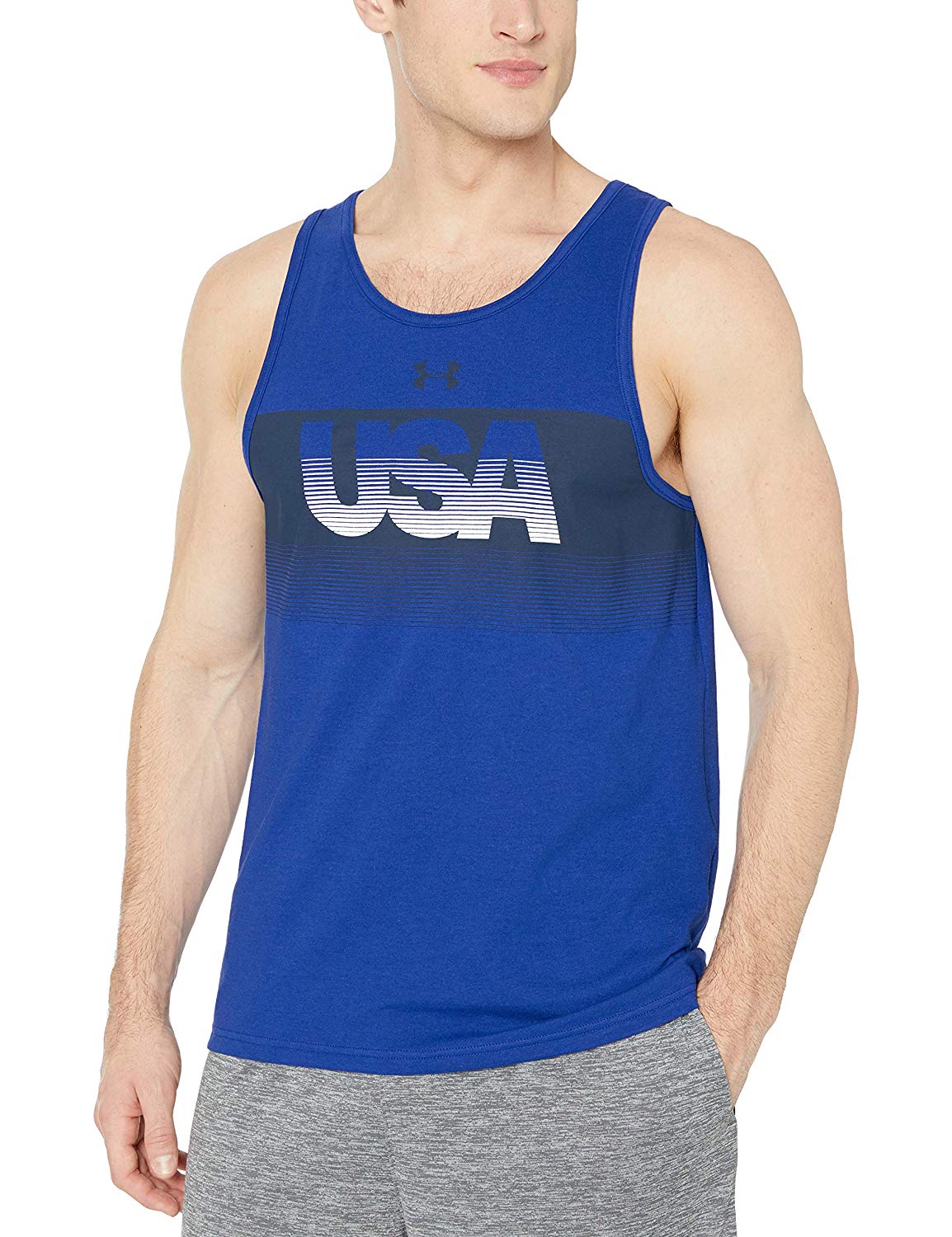 Camiseta regata Under Armour masculina com logotipo dos EUA na frente, azul, tamanho médio