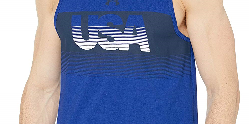 Camiseta regata Under Armour masculina com logotipo dos EUA na frente, azul, tamanho médio