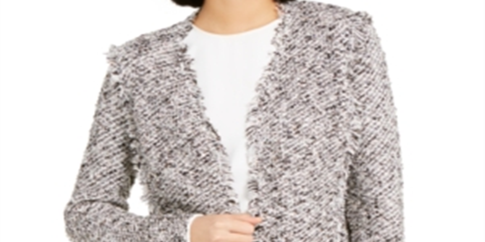 Alfani Suéter Feminino Franja Tweed Fly Away Cardigan Preto Tamanho Médio