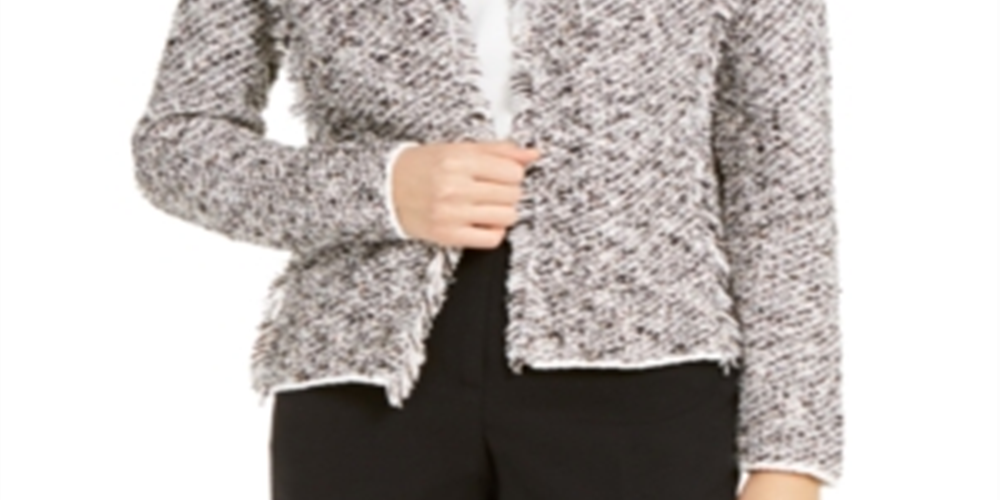 Alfani Suéter Feminino Franja Tweed Fly Away Cardigan Preto Tamanho Médio