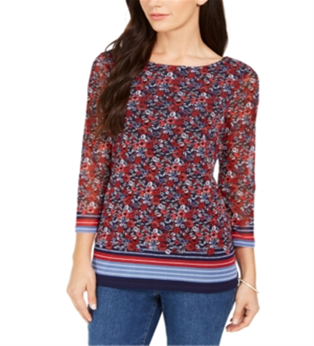 Top feminino Charter Club com manga transparente e estampa floral, vermelho, tamanho XS