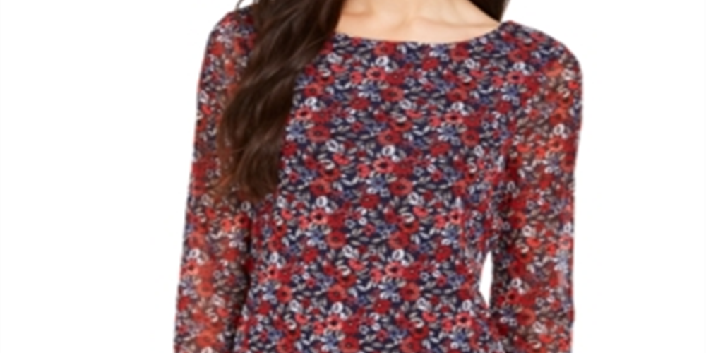 Top feminino Charter Club com manga transparente e estampa floral, vermelho, tamanho XS