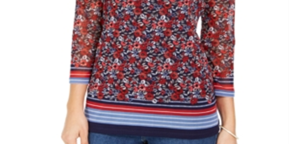 Top feminino Charter Club com manga transparente e estampa floral, vermelho, tamanho XS