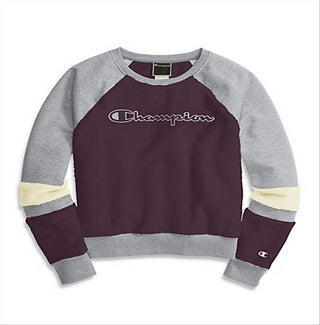 Camiseta feminina Champion Athletics com estampa de pele sintética e logo Raisin, roxa, tamanho extragrande