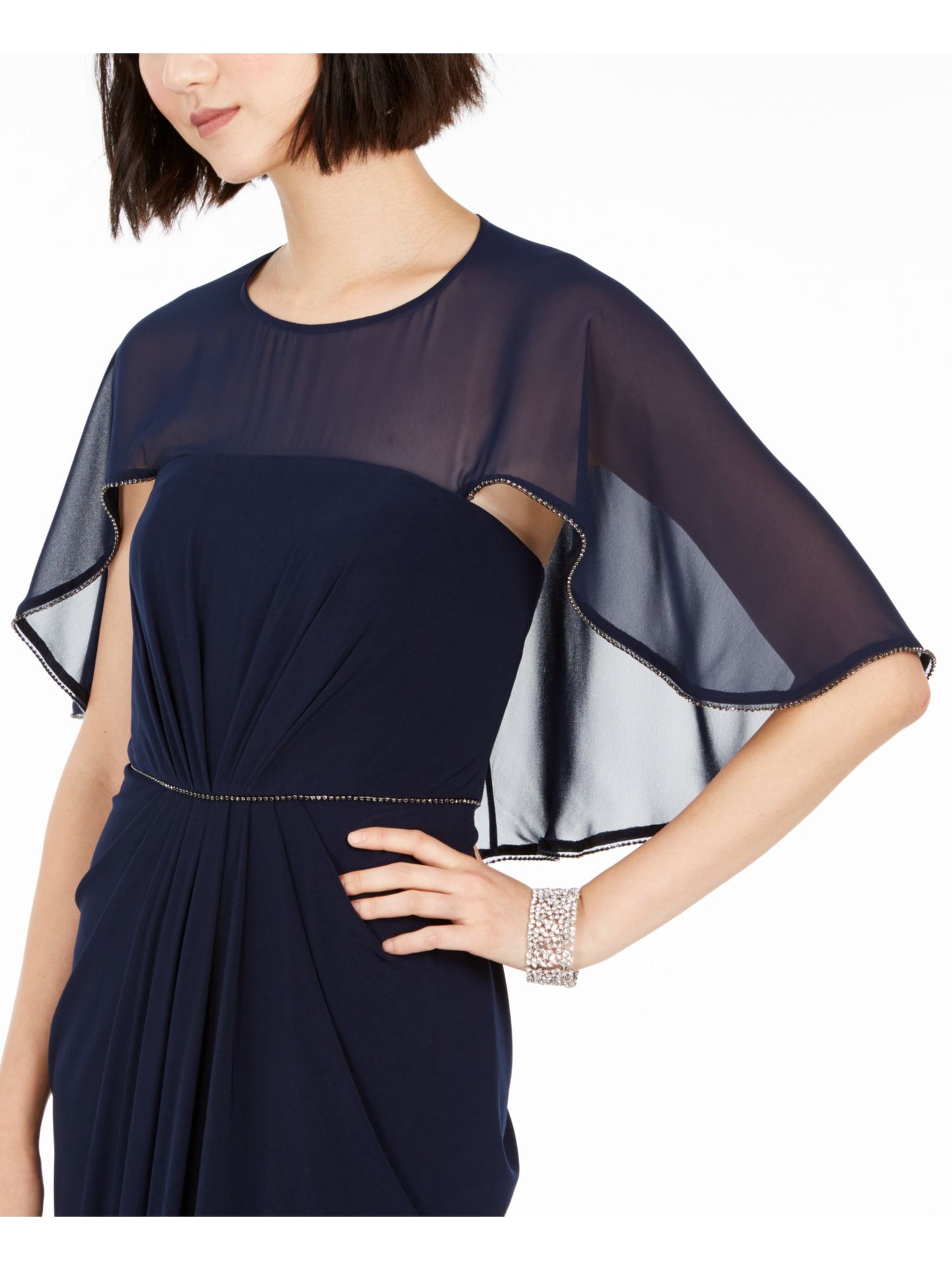 Vestido de festa feminino Adrianna Papell, franzido, embelezado, com fenda, sem mangas, decote joia, comprimento total, estilo flare, azul, tamanho 16