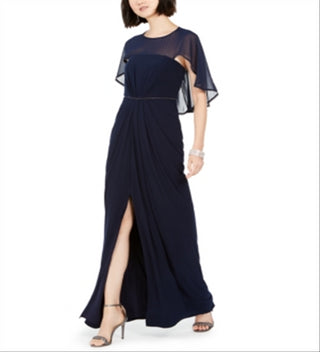 Adrianna Papell Women's Ruched Embellished Slitted Sleeveless Jewel Neck Full Length Fit Flare Evening Dress Blue Size 16