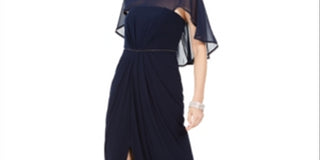 Adrianna Papell Women's Ruched Embellished Slitted Sleeveless Jewel Neck Full Length Fit Flare Evening Dress Blue Size 16