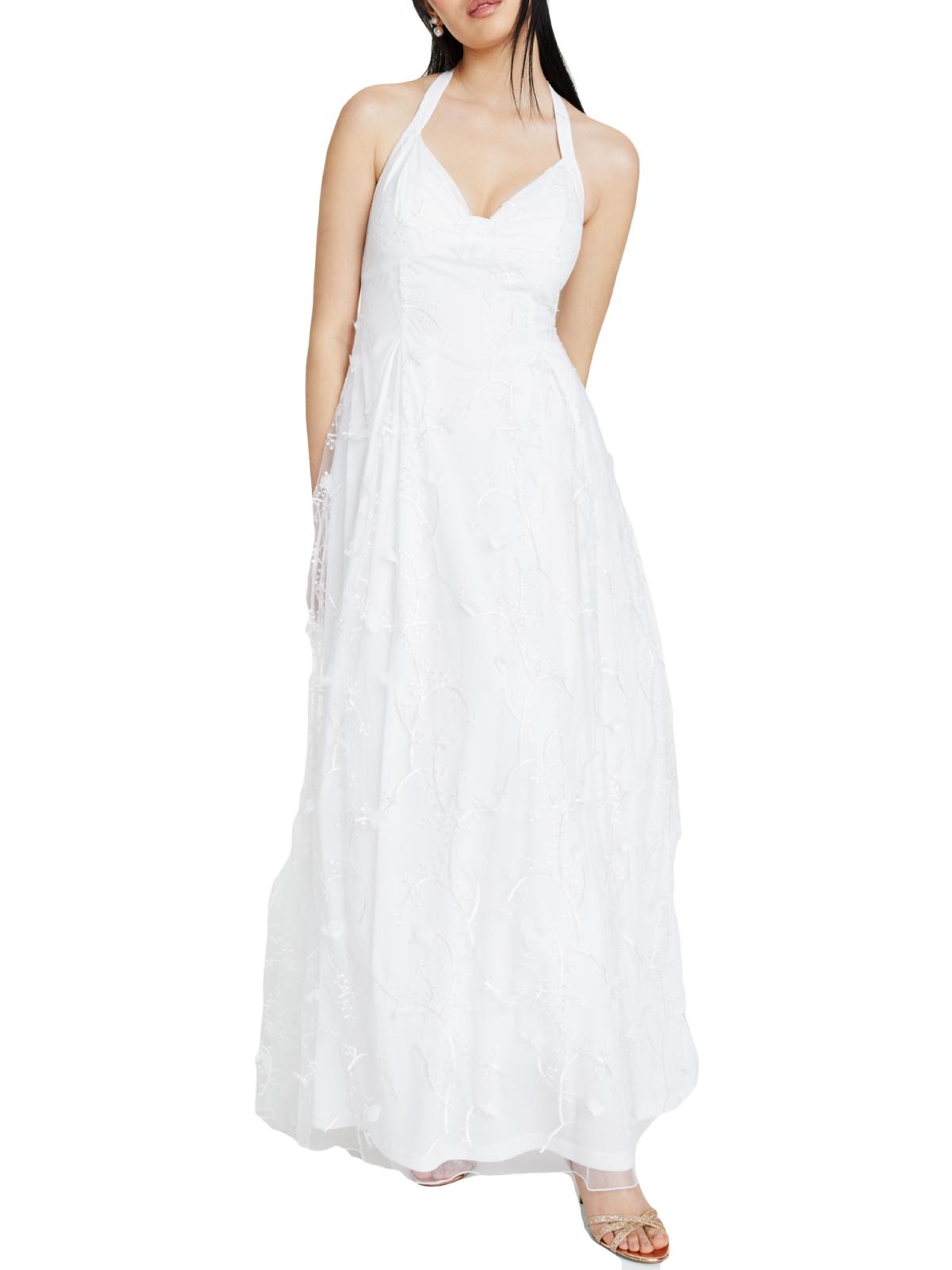 Jump Vestido feminino transparente floral sem mangas frente única comprimento total ajuste formal evasê branco tamanho 9/10