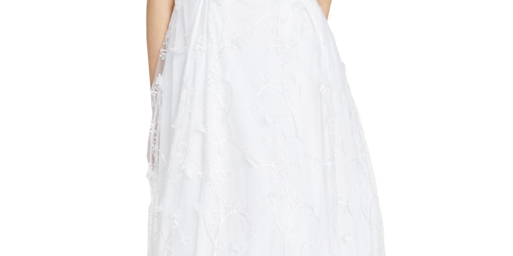 Jump Vestido feminino transparente floral sem mangas frente única comprimento total ajuste formal evasê branco tamanho 9/10