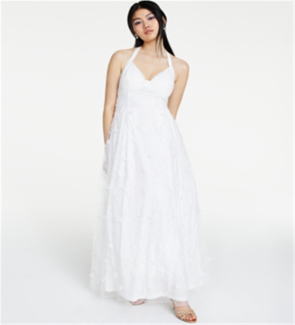 Jump Vestido feminino transparente floral sem mangas frente única comprimento total ajuste formal evasê branco tamanho 9/10