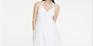 Jump Vestido feminino transparente floral sem mangas frente única comprimento total ajuste formal evasê branco tamanho 9/10