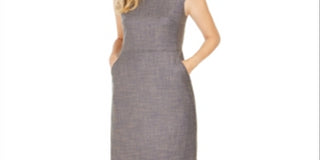 Vestido tubinho feminino Anne Klein com zíper mesclado, sem mangas, gola alta, acima do joelho, para usar no trabalho, azul, tamanho 10
