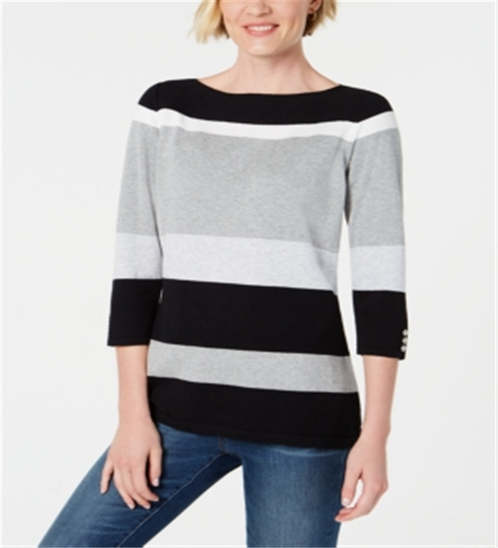 Karen Scott Suéter feminino listrado com decote canoa, preto profundo, tamanho XS