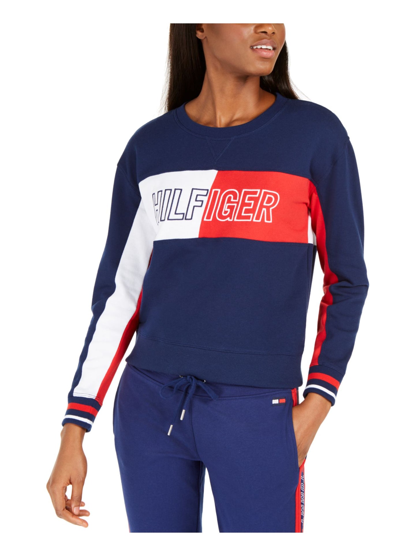 Tommy Hilfiger Moletom feminino curto com gola redonda e logotipo, azul, tamanho pequeno