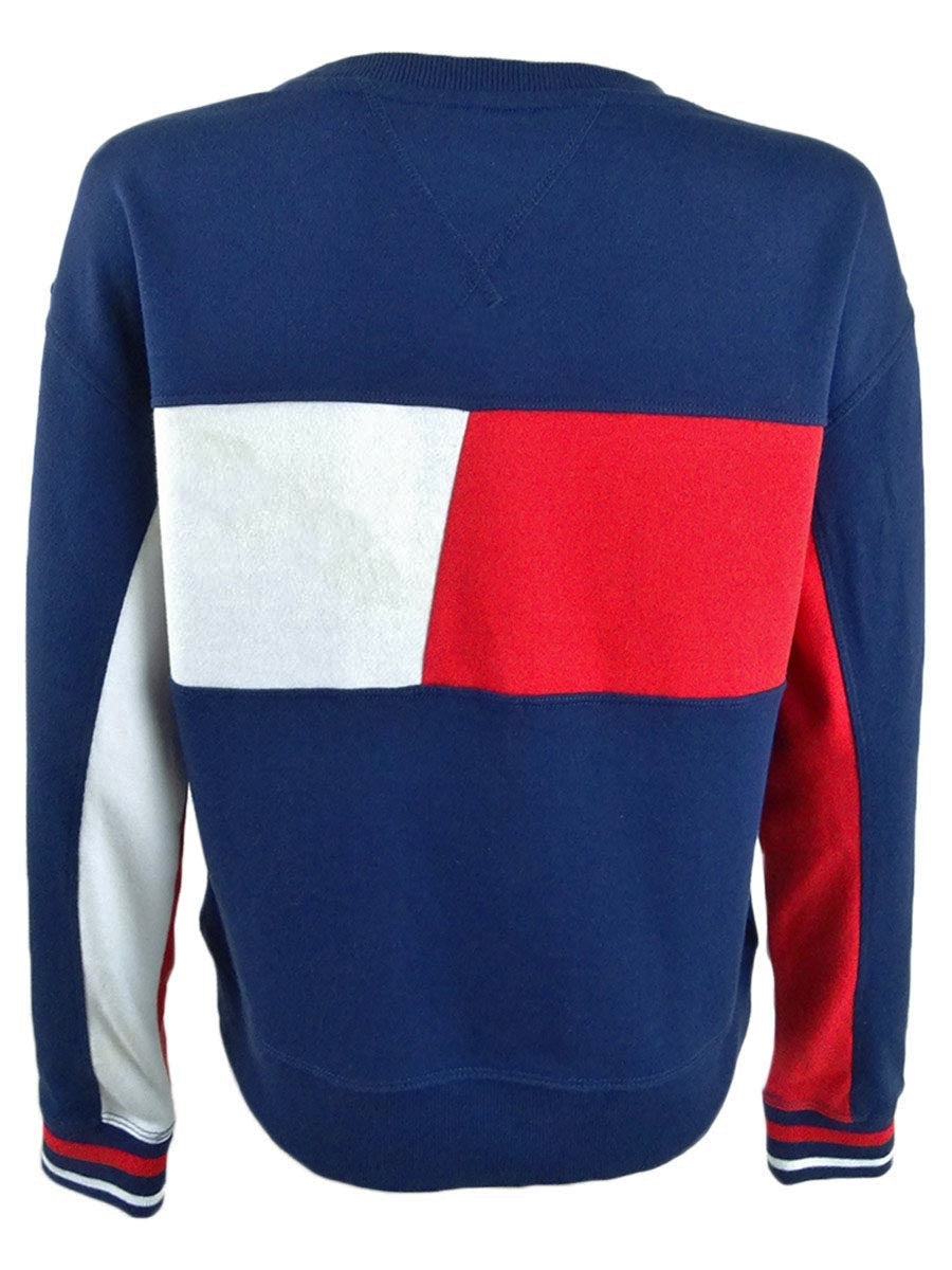 Tommy Hilfiger Moletom feminino curto com gola redonda e logotipo, azul, tamanho pequeno