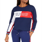 Tommy Hilfiger Moletom feminino curto com gola redonda e logotipo, azul, tamanho pequeno