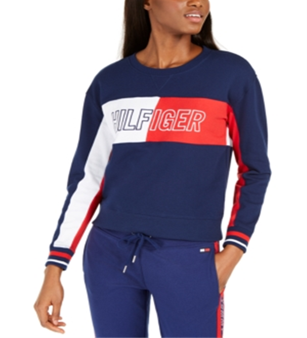 Tommy Hilfiger Moletom feminino curto com gola redonda e logotipo, azul, tamanho pequeno