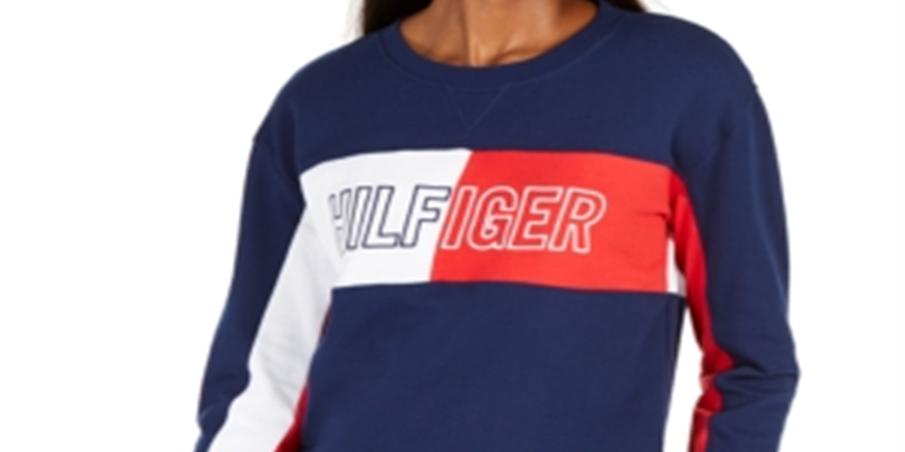 Tommy Hilfiger Moletom feminino curto com gola redonda e logotipo, azul, tamanho pequeno