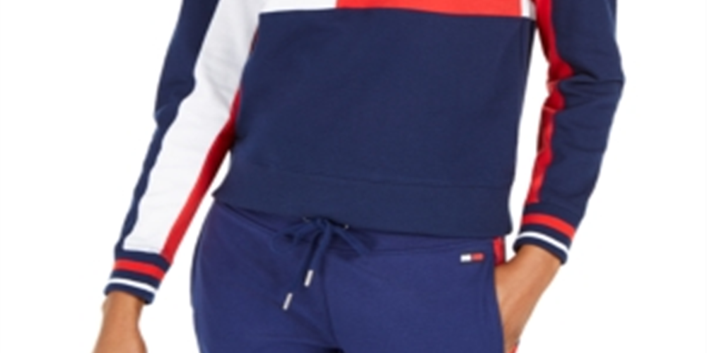 Tommy Hilfiger Moletom feminino curto com gola redonda e logotipo, azul, tamanho pequeno