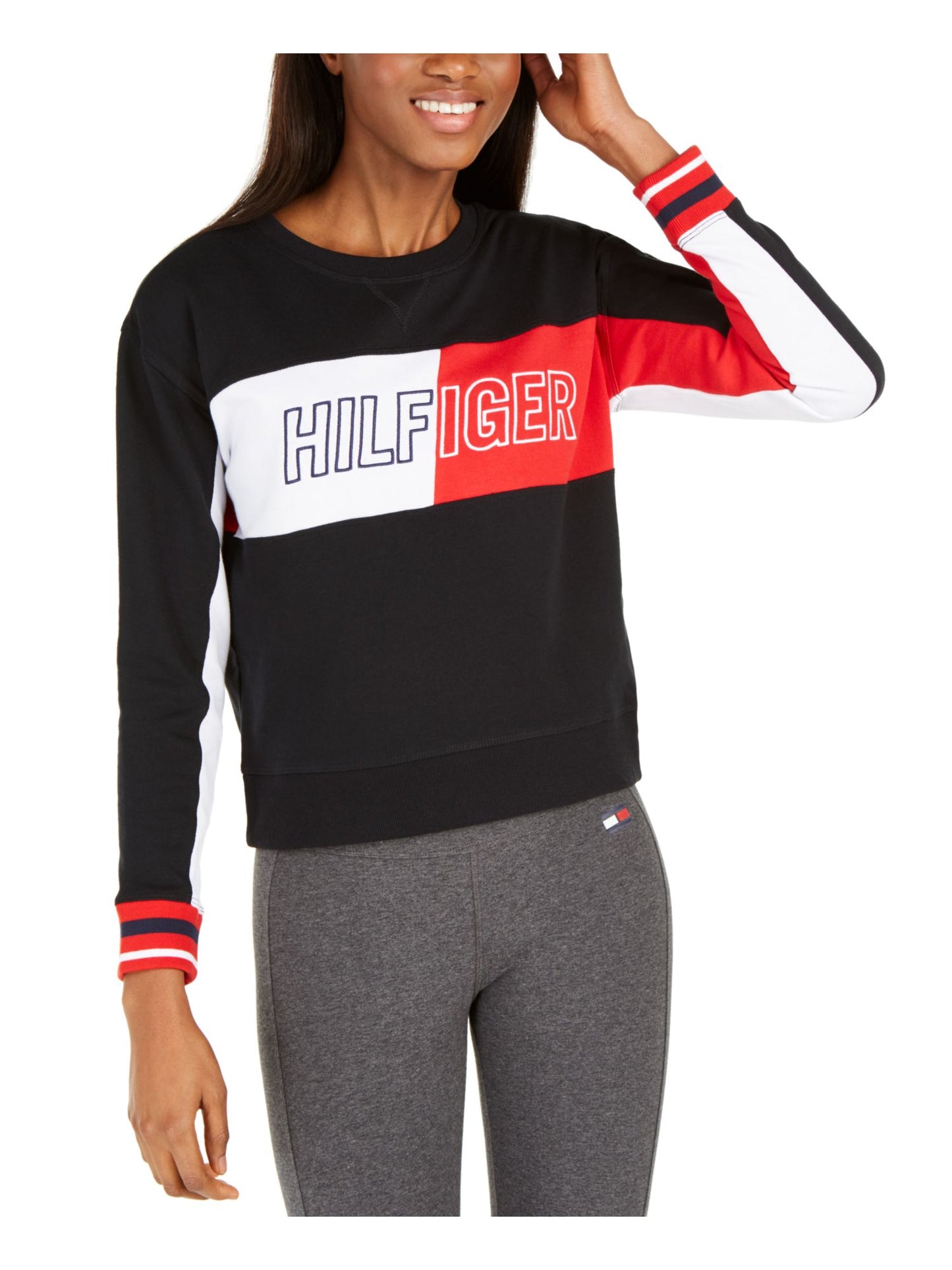 Camiseta feminina Tommy Hilfiger Color Block manga comprida preta tamanho X-G
