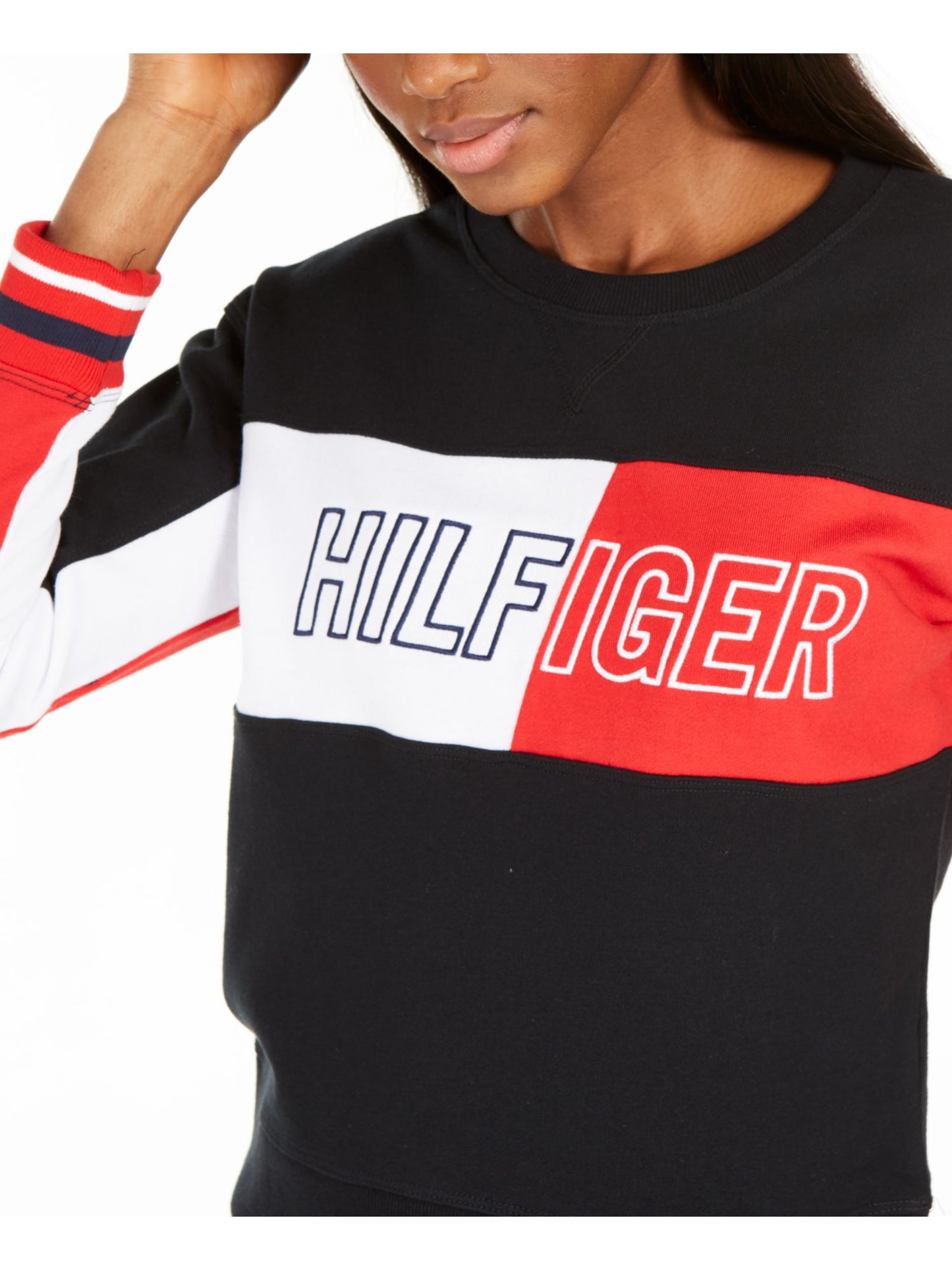 Camiseta feminina Tommy Hilfiger Color Block manga comprida preta tamanho X-G