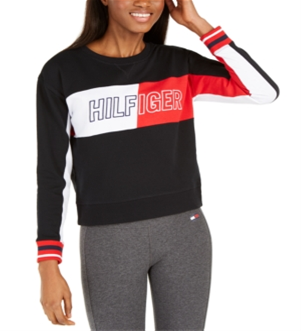 Camiseta feminina Tommy Hilfiger Color Block manga comprida preta tamanho X-G