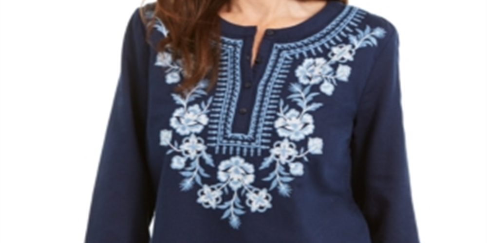 Charter Club Feminino Bordado Metálico Linho Blen Top Azul Tamanho X-Grande