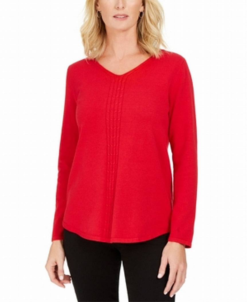 Karen Scott Suéter Feminino de Algodão com Malha Trançada Vermelho Tamanho Grande