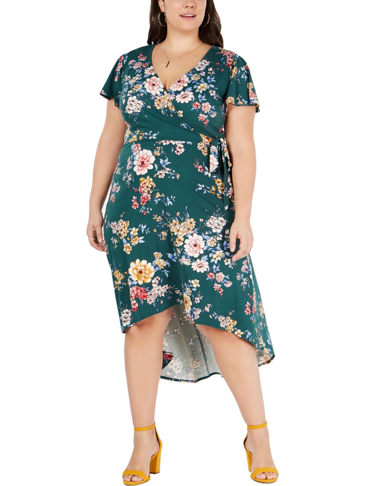 Vestido floral feminino BCX de manga curta e comprimento chá, tamanho XX-G, verde