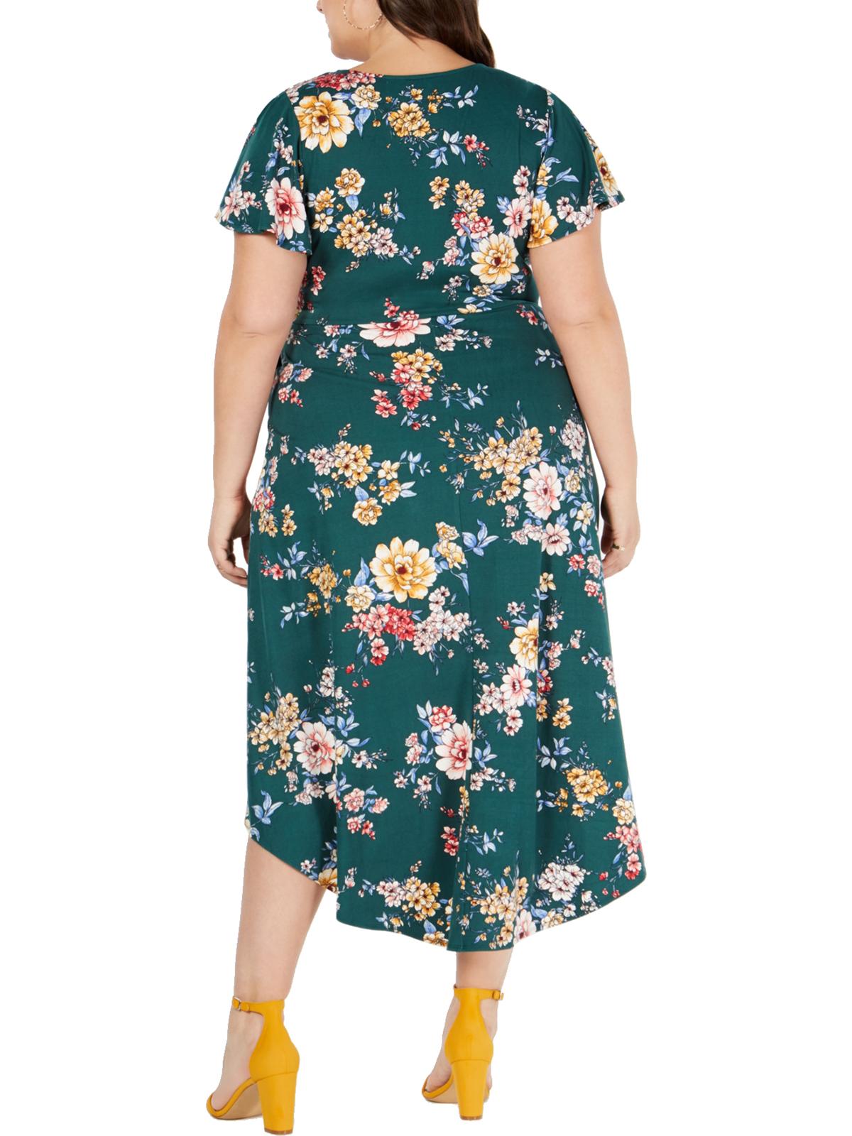 Vestido floral feminino BCX de manga curta e comprimento chá, tamanho XX-G, verde