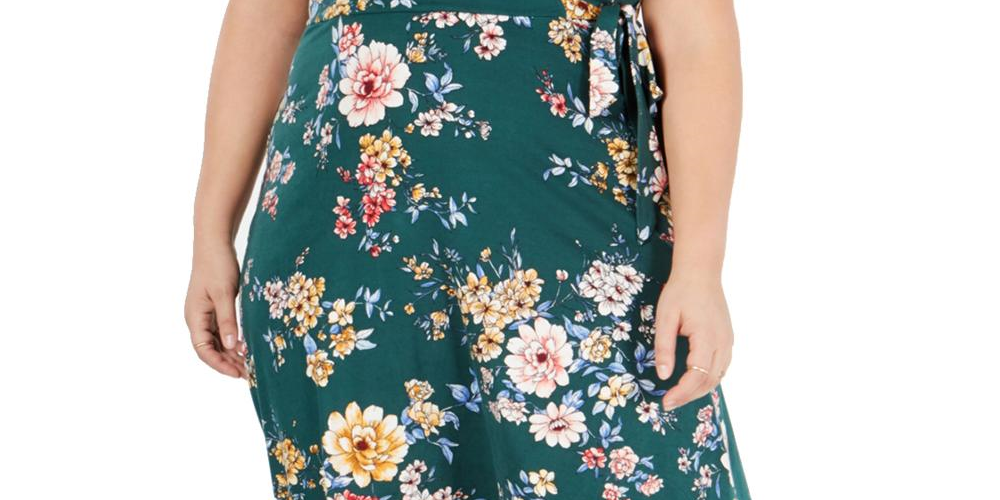 Vestido floral feminino BCX de manga curta e comprimento chá, tamanho XX-G, verde