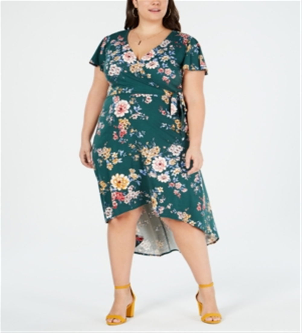 Vestido floral feminino BCX de manga curta e comprimento chá, tamanho XX-G, verde