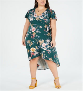 BCX Women's Floral Short Sleeve Tea Length Hi Lo Dress Green Size XX-Large