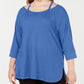 Blusa Calvin Klein Feminina Manga 3/4 Ombro Frio Gola Joia Hi Lo Azul Tamanho 3X