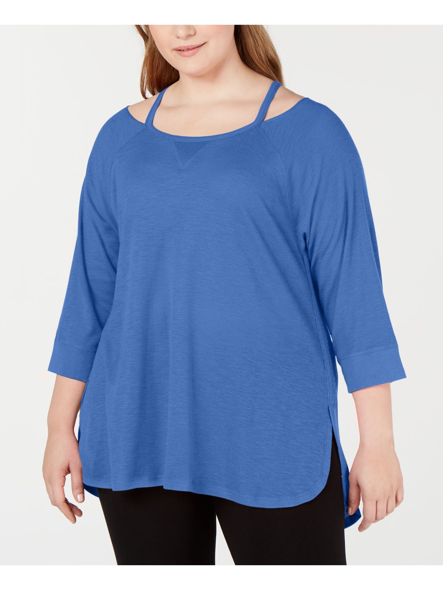 Blusa Calvin Klein Feminina Manga 3/4 Ombro Frio Gola Joia Hi Lo Azul Tamanho 3X