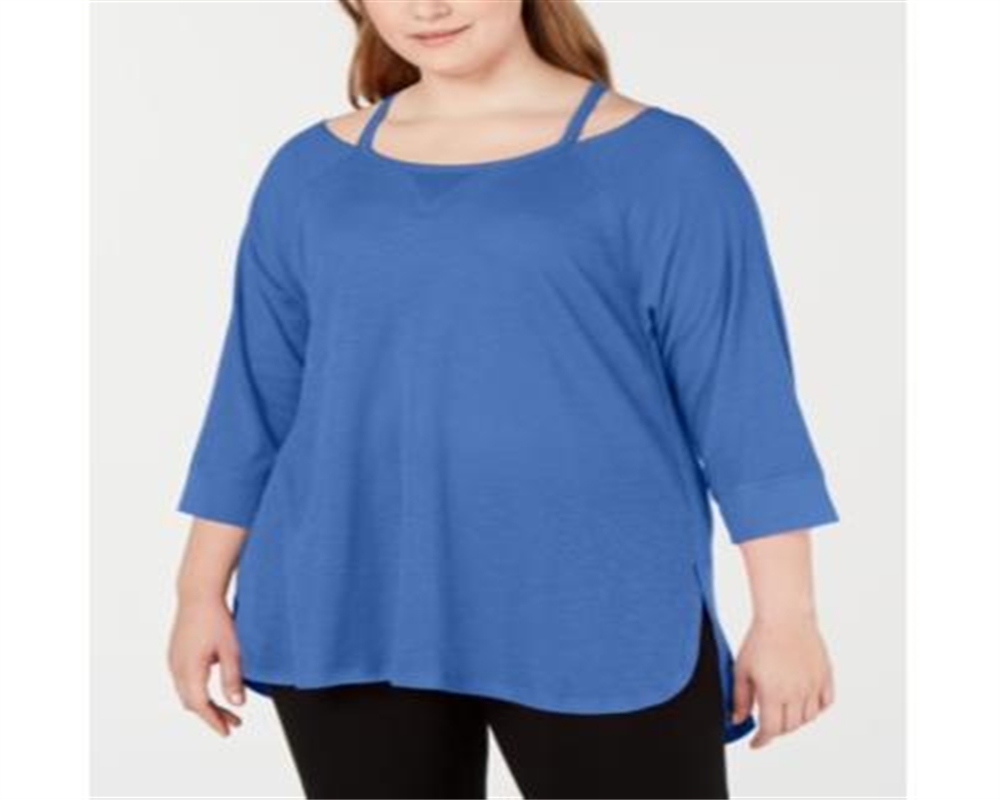 Blusa Calvin Klein Feminina Manga 3/4 Ombro Frio Gola Joia Hi Lo Azul Tamanho 3X