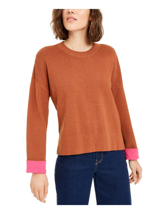 Suéter feminino Bar III com gola redonda e punho contrastante, laranja, tamanho XS