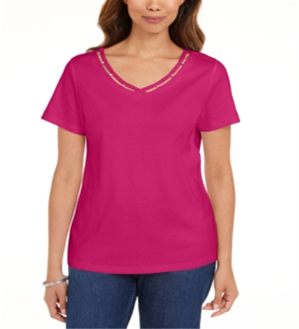 Camiseta feminina Karen Scott com decote em V e acabamento aberto, rosa, tamanho M