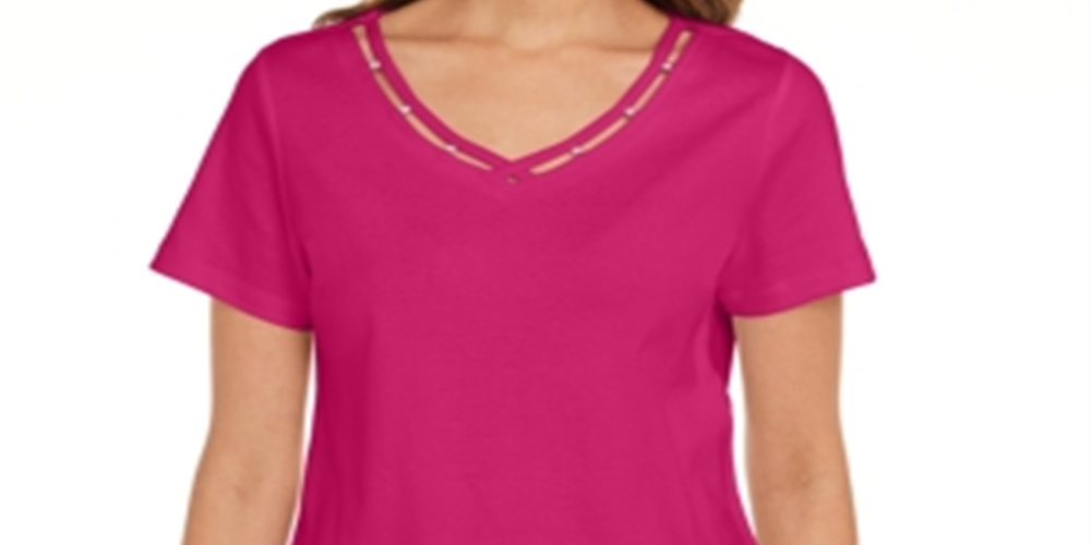 Camiseta feminina Karen Scott com decote em V e acabamento aberto, rosa, tamanho M