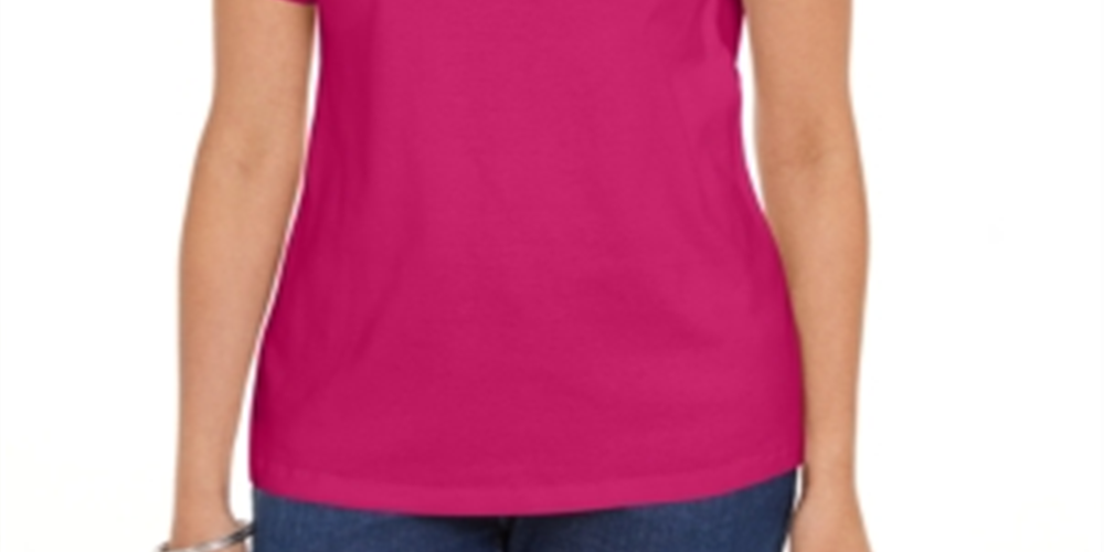 Camiseta feminina Karen Scott com decote em V e acabamento aberto, rosa, tamanho M