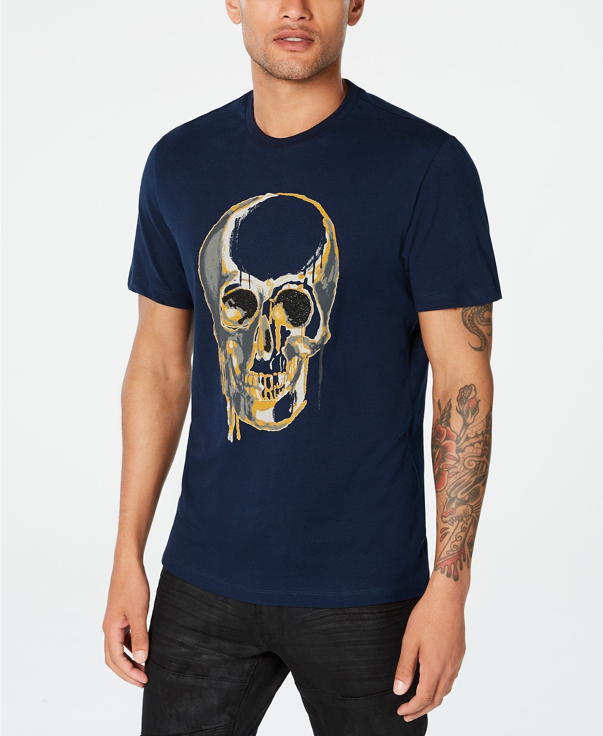 Camiseta masculina INC com caveira derretida e contas, azul, tamanho grande