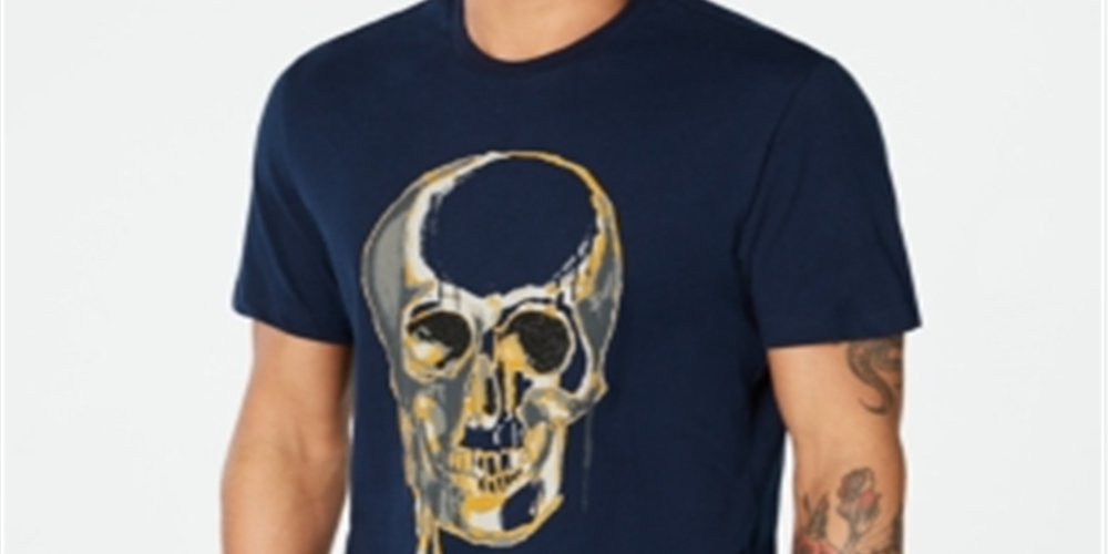 Camiseta masculina INC com caveira derretida e contas, azul, tamanho grande