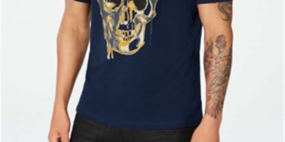 Camiseta masculina INC com caveira derretida e contas, azul, tamanho grande