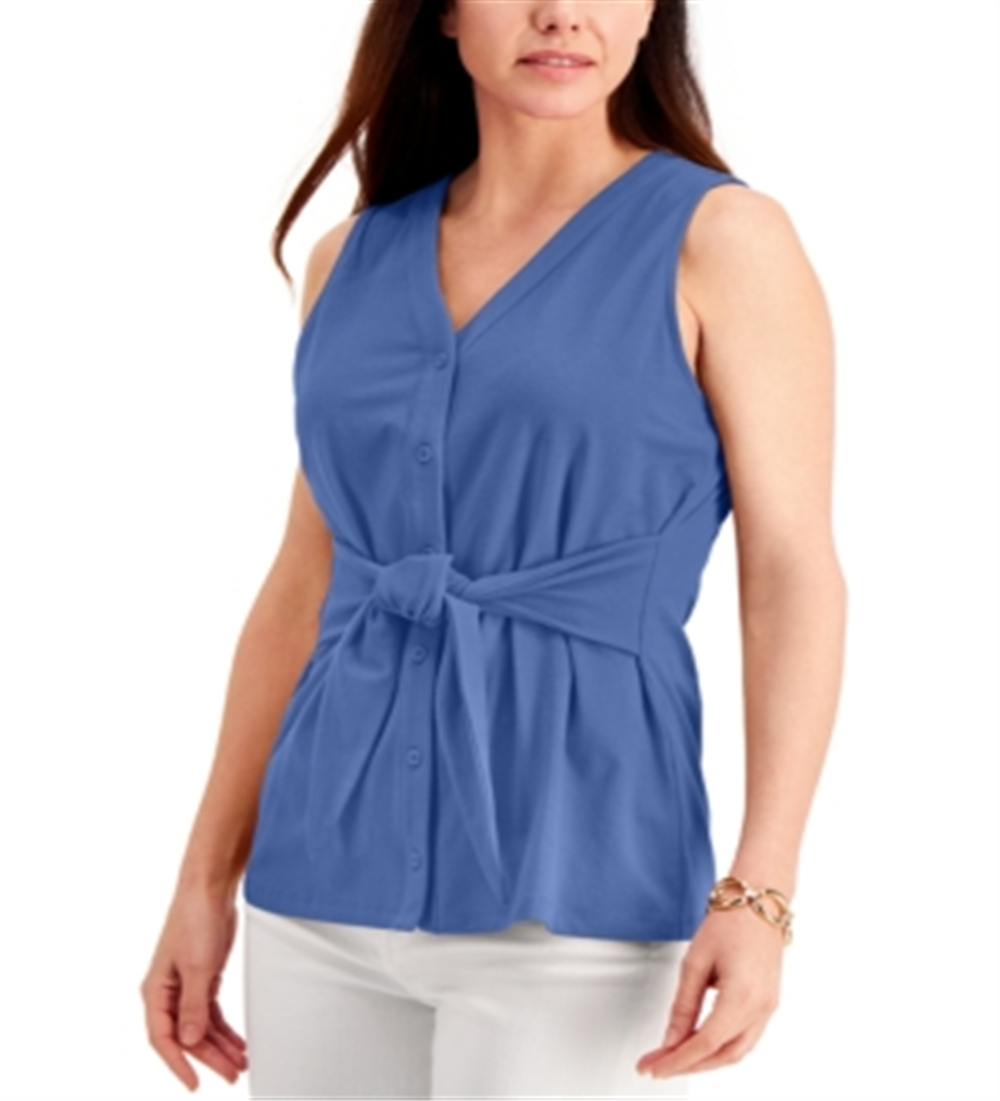 Blusa feminina sem mangas com amarração frontal Charter Club, azul, tamanho XS
