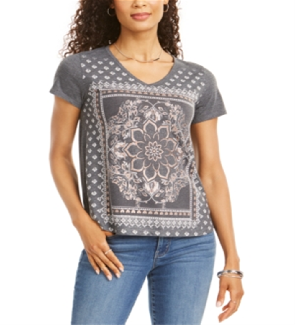 Camiseta feminina com estampa de oncinha e decote em V, tamanho pequeno, cinza, estilo &amp; co