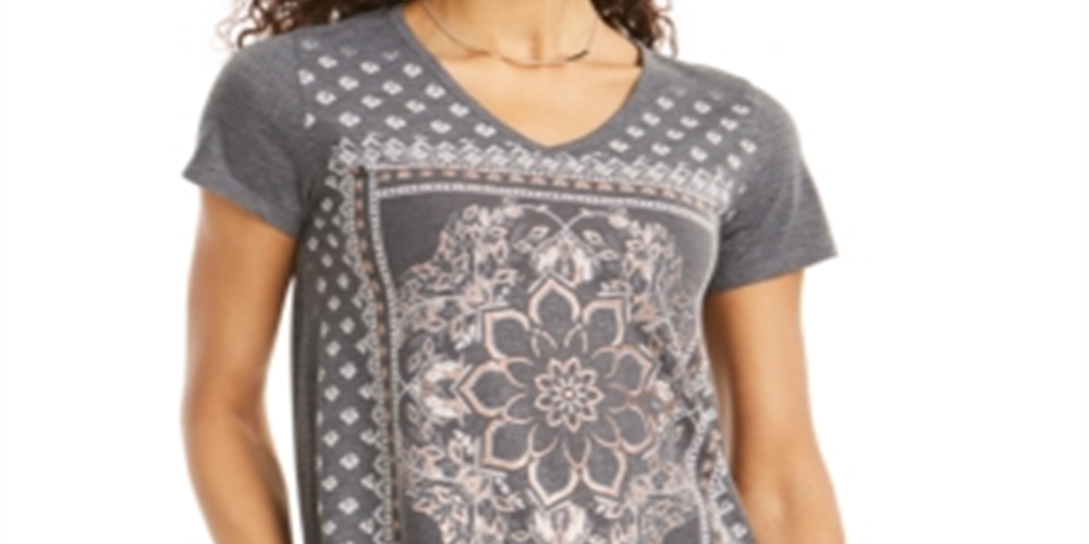 Camiseta feminina com estampa de oncinha e decote em V, tamanho pequeno, cinza, estilo &amp; co