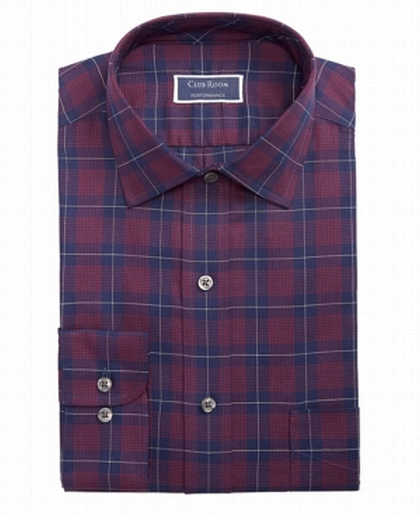 Camisa social masculina Club Room Classic Regular Fit em sarja elástica xadrez pied-de-poule, vermelha, tamanho 15 x 32 x 33